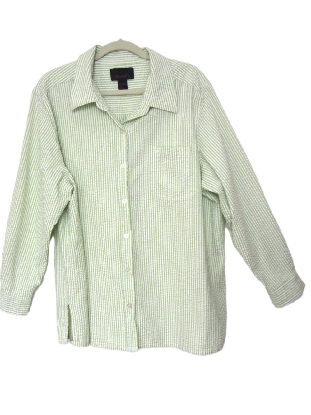 Denim&Co. Green White Stripe Seersucker Button Up Blouse Top Long Sleeve Collar